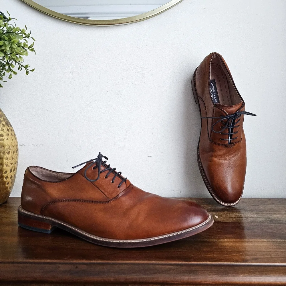 Aston Grey Leu Men’s Oxford Dress Shoes Cognac Brown Leather Lace Up Size 13